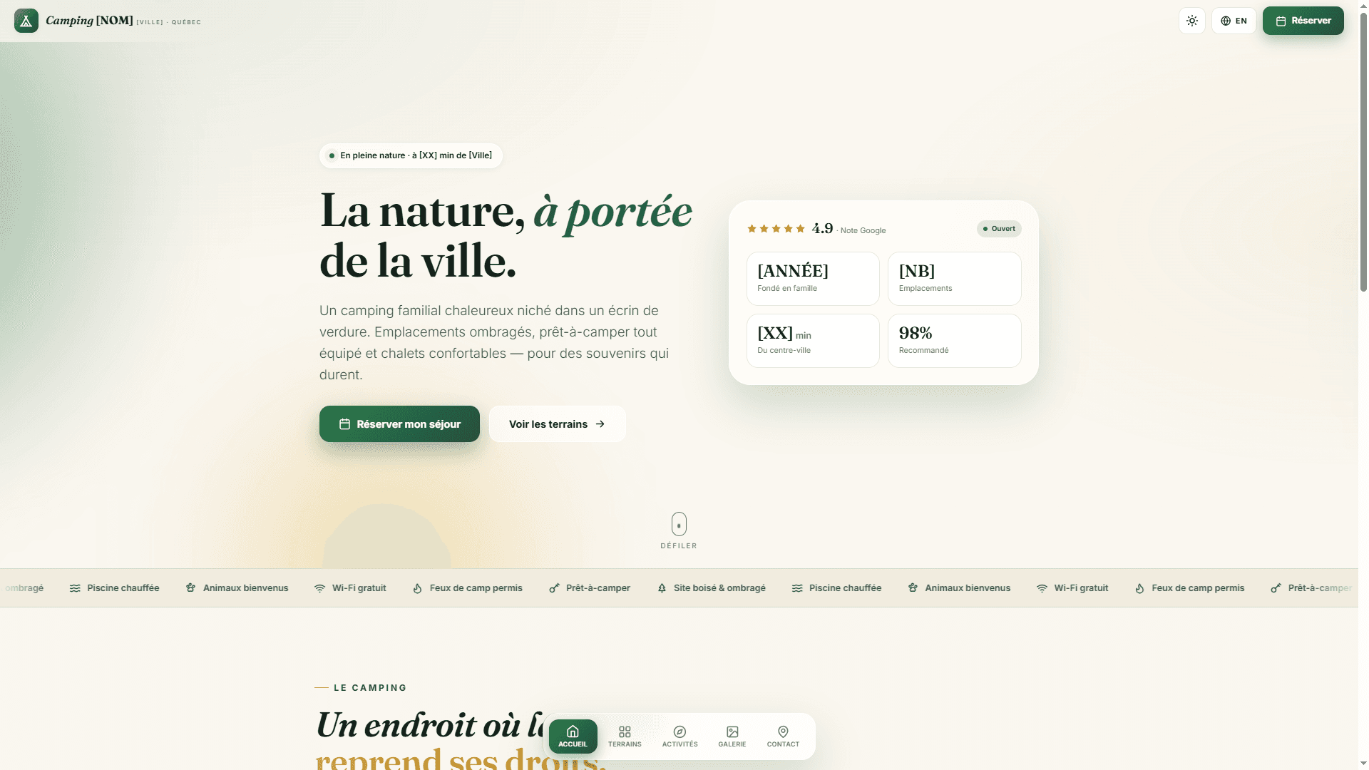 Page d'accueil d'un modèle de site web pour camping au Québec, conçu par [Votre Entreprise]